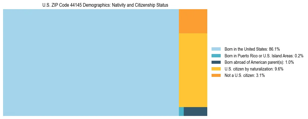 Treemap showing the population distribution by nativity and citizenship status in US ZIP Code 44145 based on U.S. Census data.