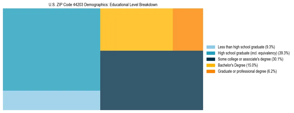 Treemap chart illustrating the educational attainment breakdown for population 25 years and over in US ZIP Code 44203.