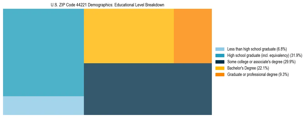 Treemap chart illustrating the educational attainment breakdown for population 25 years and over in US ZIP Code 44221.