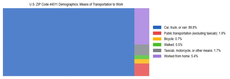 Treemap showing means of transportation to work distribution in US ZIP Code 44511.