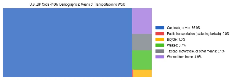 Treemap showing means of transportation to work distribution in US ZIP Code 44667.