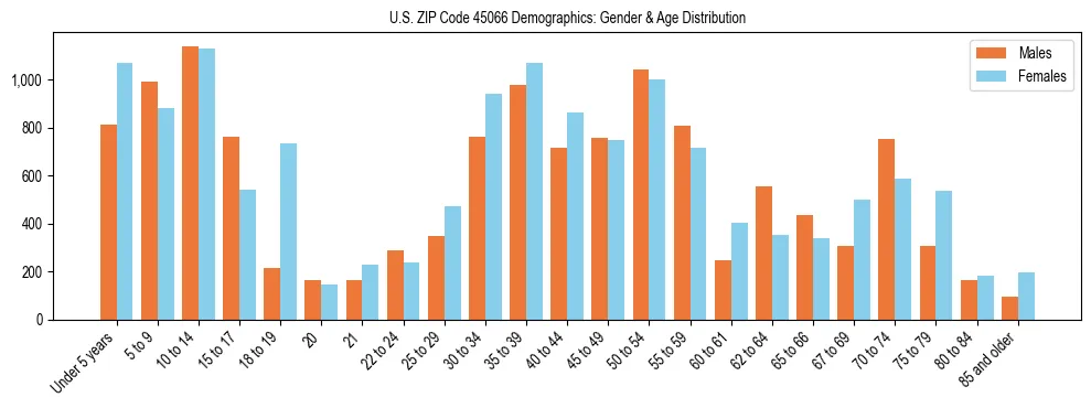 Bar chart showing the population distribution of US ZIP Code 45066 by age group and gender, based on 2023 ACS data.