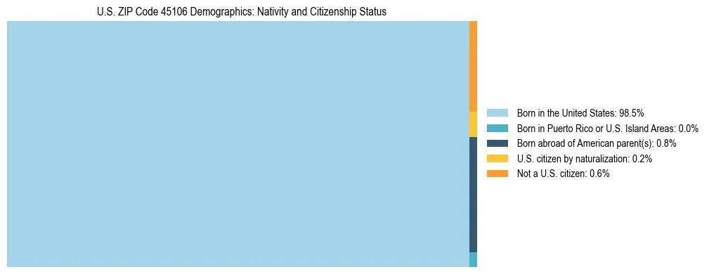 Treemap showing the population distribution by nativity and citizenship status in US ZIP Code 45106 based on U.S. Census data.