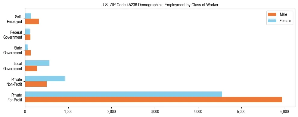 Horizontal bar chart showing employment distribution by class of worker and gender in US ZIP Code 45236, based on 2023 ACS data.