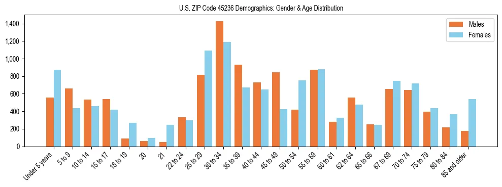Bar chart showing the population distribution of US ZIP Code 45236 by age group and gender, based on 2023 ACS data.