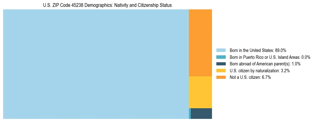 Treemap showing the population distribution by nativity and citizenship status in US ZIP Code 45238 based on U.S. Census data.