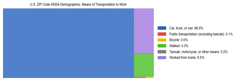 Treemap showing means of transportation to work distribution in US ZIP Code 45504.