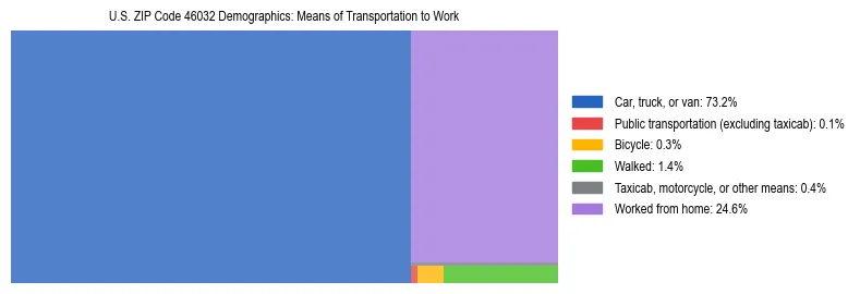 Treemap showing means of transportation to work distribution in US ZIP Code 46032.