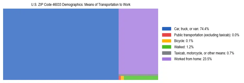 Treemap showing means of transportation to work distribution in US ZIP Code 46033.
