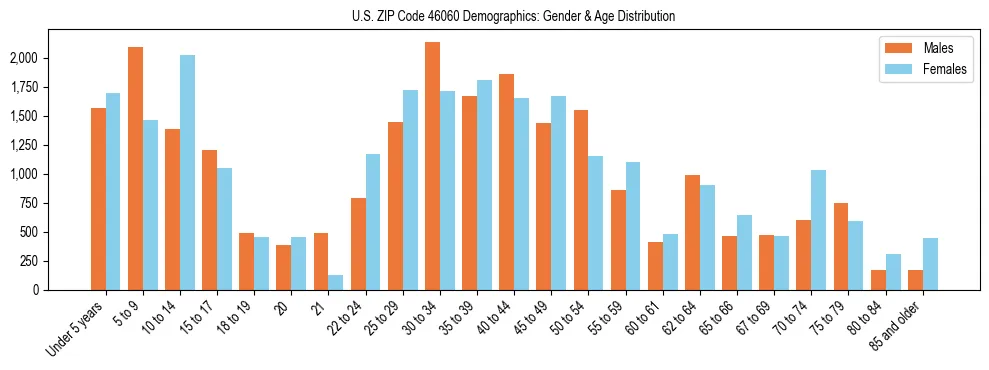 Bar chart showing the population distribution of US ZIP Code 46060 by age group and gender, based on 2023 ACS data.