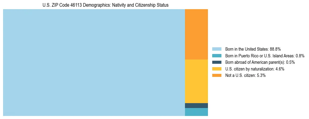 Treemap showing the population distribution by nativity and citizenship status in US ZIP Code 46113 based on U.S. Census data.