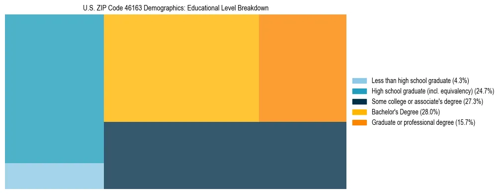 Treemap chart illustrating the educational attainment breakdown for population 25 years and over in US ZIP Code 46163.