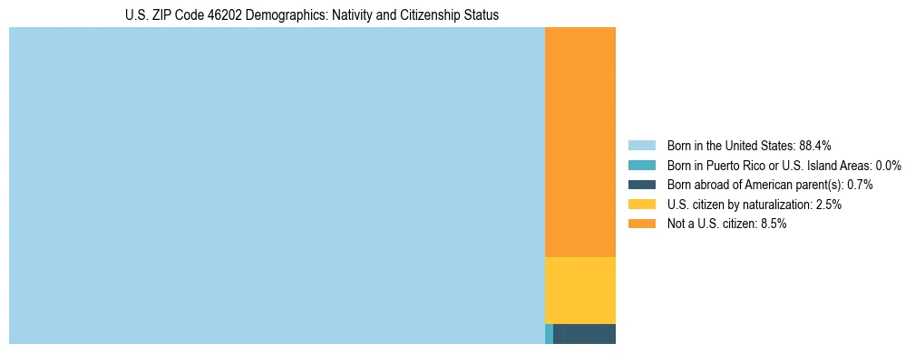 Treemap showing the population distribution by nativity and citizenship status in US ZIP Code 46202 based on U.S. Census data.