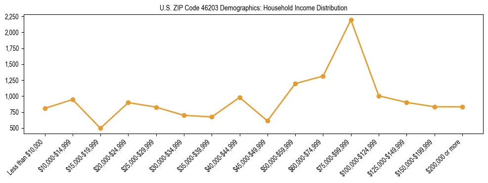 Horizontal bar chart showing household income distribution in US ZIP Code 46203.