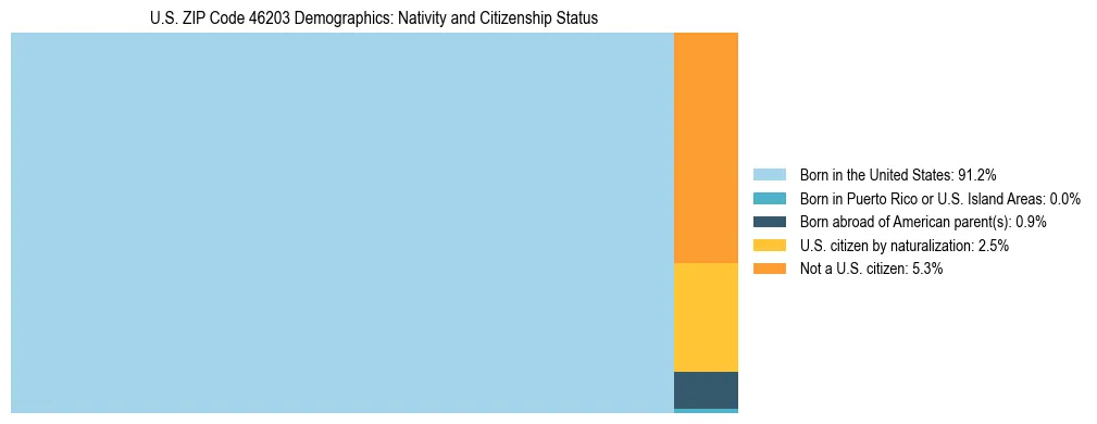Treemap showing the population distribution by nativity and citizenship status in US ZIP Code 46203 based on U.S. Census data.