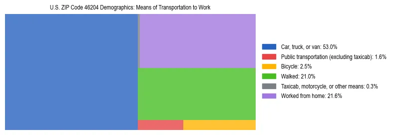 Treemap showing means of transportation to work distribution in US ZIP Code 46204.