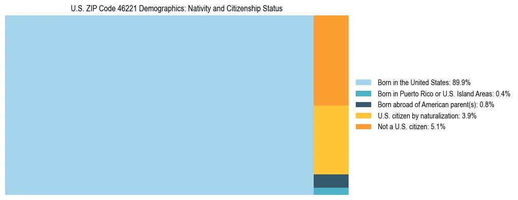 Treemap showing the population distribution by nativity and citizenship status in US ZIP Code 46221 based on U.S. Census data.