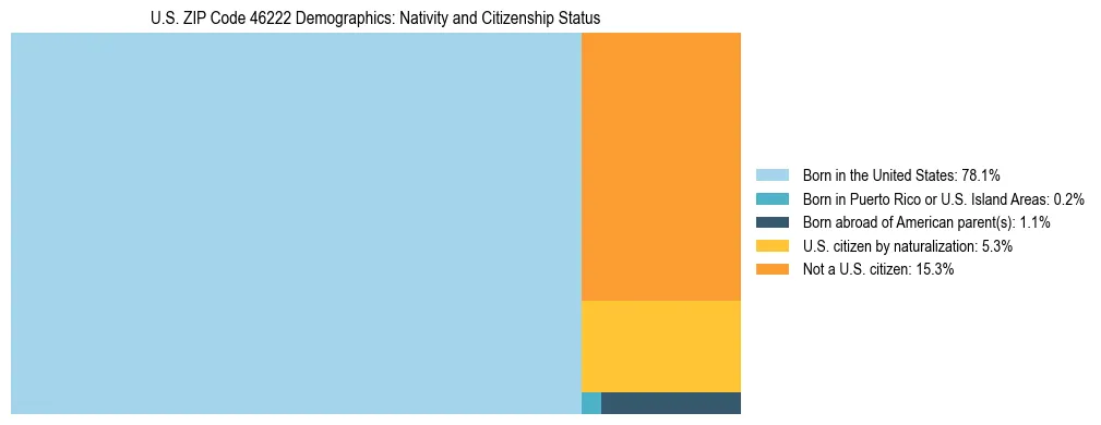 Treemap showing the population distribution by nativity and citizenship status in US ZIP Code 46222 based on U.S. Census data.