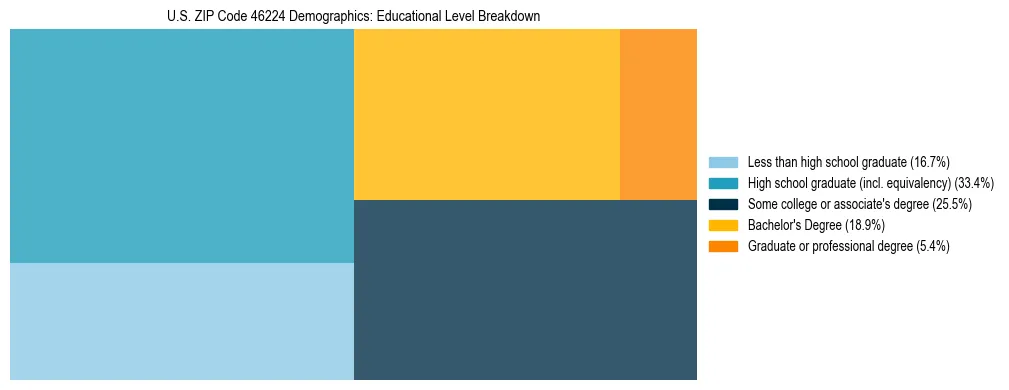 Treemap chart illustrating the educational attainment breakdown for population 25 years and over in US ZIP Code 46224.
