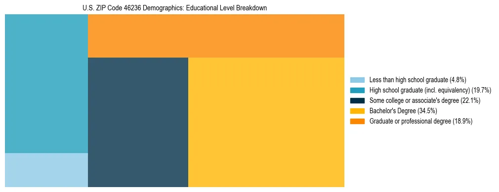 Treemap chart illustrating the educational attainment breakdown for population 25 years and over in US ZIP Code 46236.