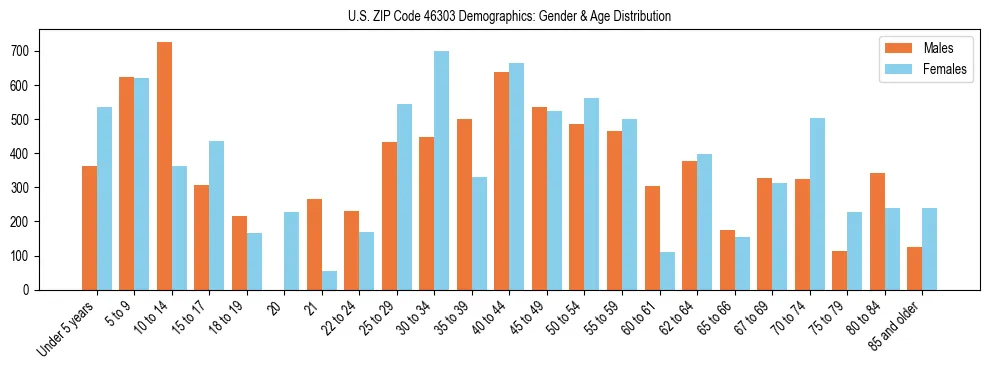 Bar chart showing the population distribution of US ZIP Code 46303 by age group and gender, based on 2023 ACS data.