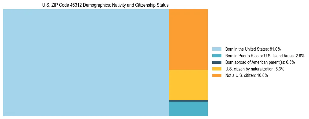 Treemap showing the population distribution by nativity and citizenship status in US ZIP Code 46312 based on U.S. Census data.