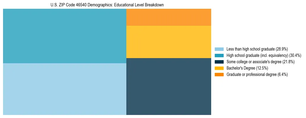 Treemap chart illustrating the educational attainment breakdown for population 25 years and over in US ZIP Code 46540.