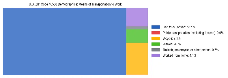 Treemap showing means of transportation to work distribution in US ZIP Code 46550.
