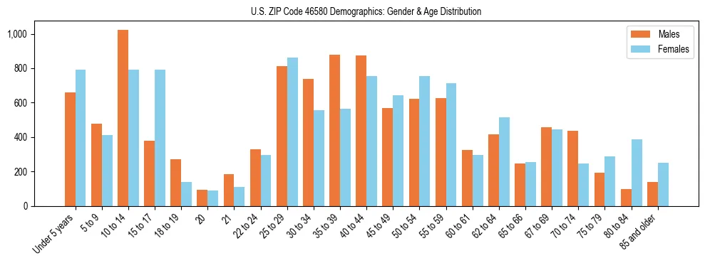 Bar chart showing the population distribution of US ZIP Code 46580 by age group and gender, based on 2023 ACS data.