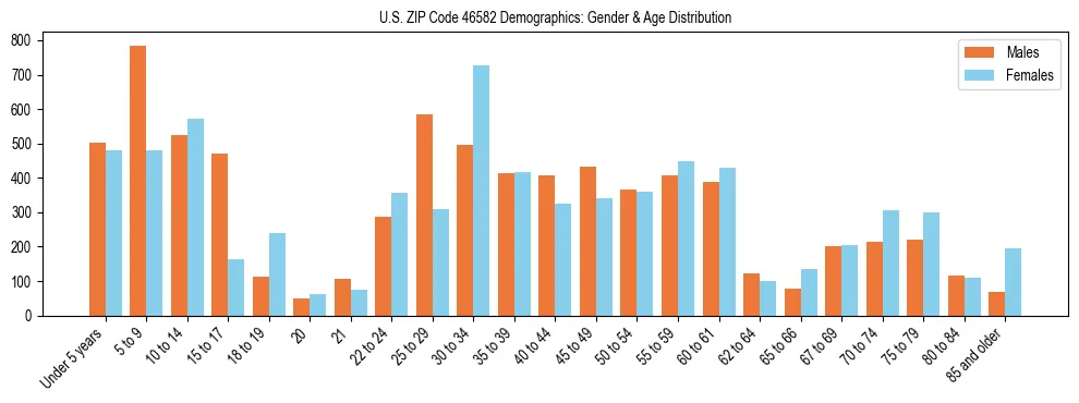 Bar chart showing the population distribution of US ZIP Code 46582 by age group and gender, based on 2023 ACS data.