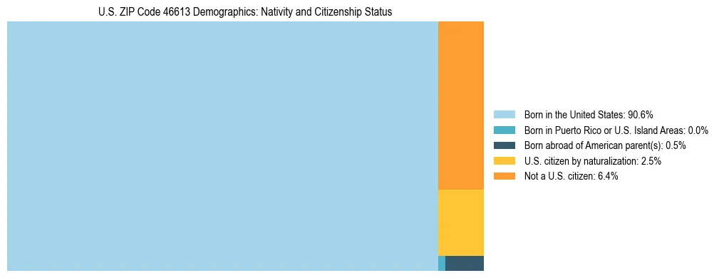 Treemap showing the population distribution by nativity and citizenship status in US ZIP Code 46613 based on U.S. Census data.