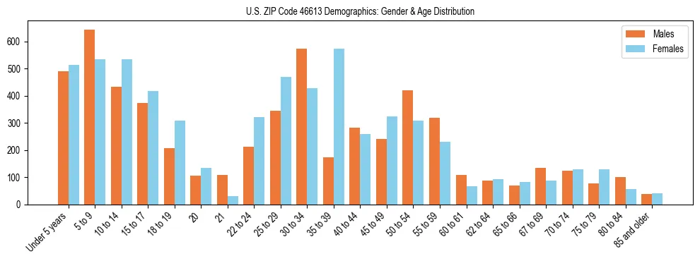 Bar chart showing the population distribution of US ZIP Code 46613 by age group and gender, based on 2023 ACS data.