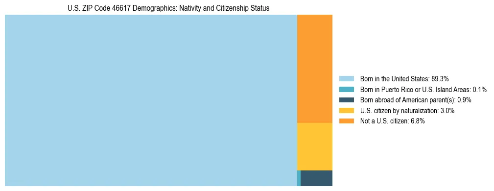 Treemap showing the population distribution by nativity and citizenship status in US ZIP Code 46617 based on U.S. Census data.