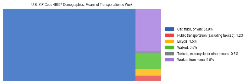 Treemap showing means of transportation to work distribution in US ZIP Code 46637.
