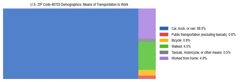 Treemap showing means of transportation to work distribution in US ZIP Code 46703.