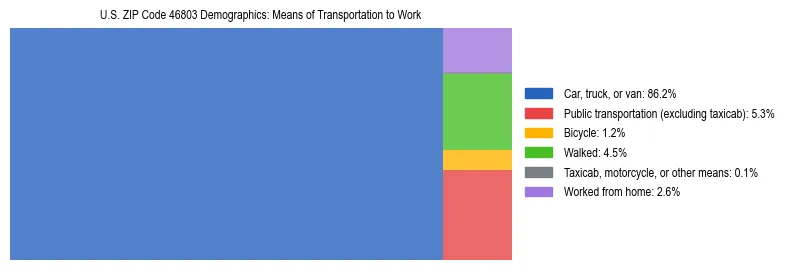 Treemap showing means of transportation to work distribution in US ZIP Code 46803.