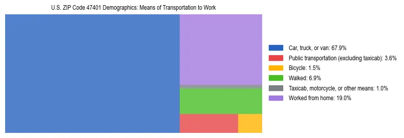 Treemap showing means of transportation to work distribution in US ZIP Code 47401.