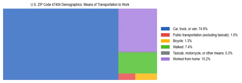 Treemap showing means of transportation to work distribution in US ZIP Code 47404.