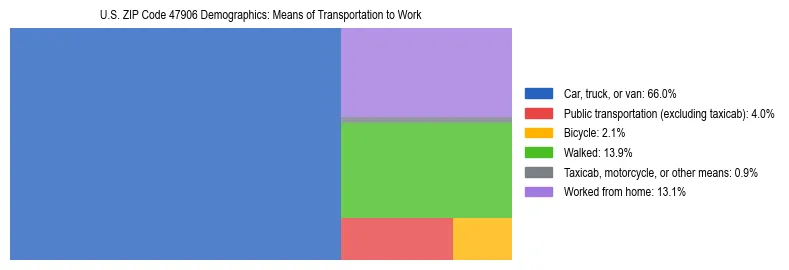 Treemap showing means of transportation to work distribution in US ZIP Code 47906.