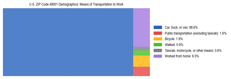 Treemap showing means of transportation to work distribution in US ZIP Code 48001.