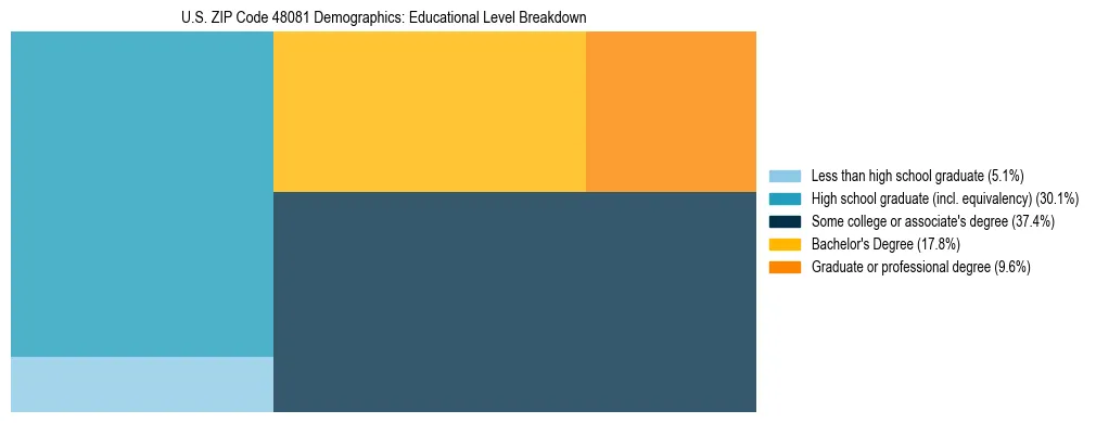 Treemap chart illustrating the educational attainment breakdown for population 25 years and over in US ZIP Code 48081.