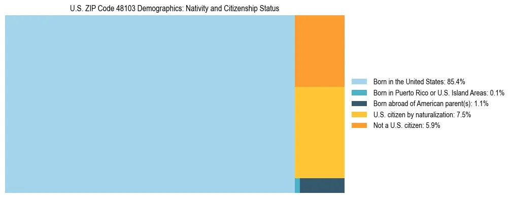 Treemap showing the population distribution by nativity and citizenship status in US ZIP Code 48103 based on U.S. Census data.