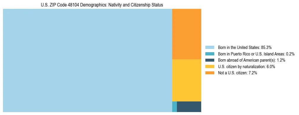 Treemap showing the population distribution by nativity and citizenship status in US ZIP Code 48104 based on U.S. Census data.