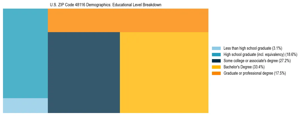 Treemap chart illustrating the educational attainment breakdown for population 25 years and over in US ZIP Code 48116.