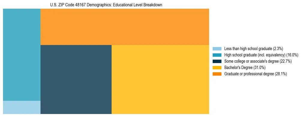 Treemap chart illustrating the educational attainment breakdown for population 25 years and over in US ZIP Code 48167.