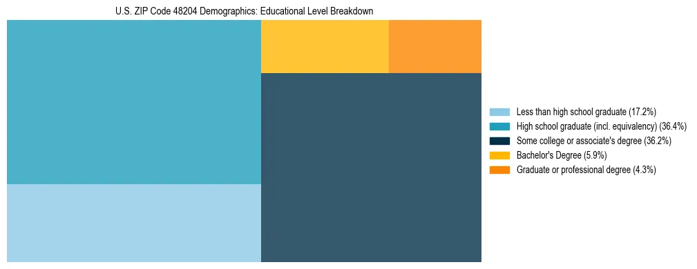 Treemap chart illustrating the educational attainment breakdown for population 25 years and over in US ZIP Code 48204.