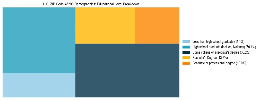 Treemap chart illustrating the educational attainment breakdown for population 25 years and over in US ZIP Code 48206.