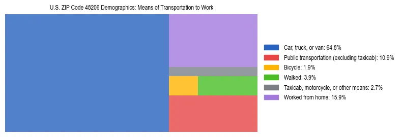Treemap showing means of transportation to work distribution in US ZIP Code 48206.