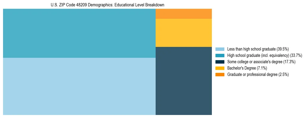 Treemap chart illustrating the educational attainment breakdown for population 25 years and over in US ZIP Code 48209.
