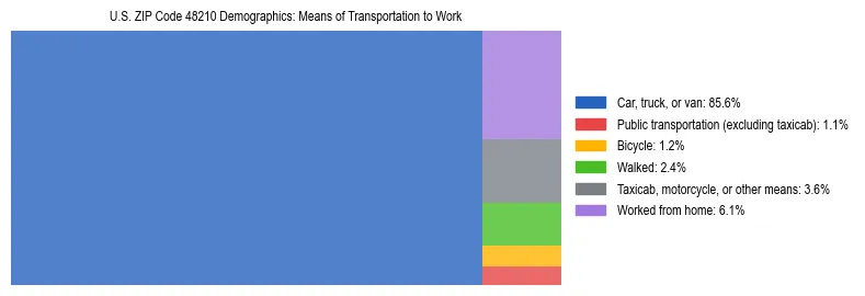 Treemap showing means of transportation to work distribution in US ZIP Code 48210.